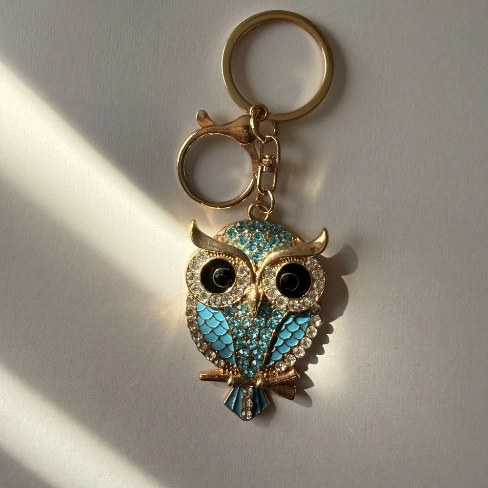 Mint Owl Rhinestone Keychain Gold Bling Crystal Purse Charm‎ Keyring Blue